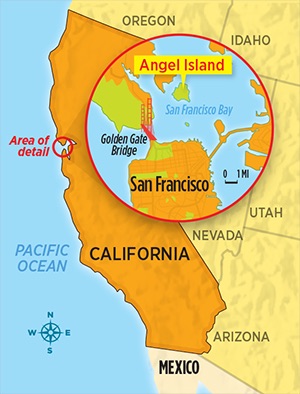 A map of California and Angel island in San Francisco Bay
