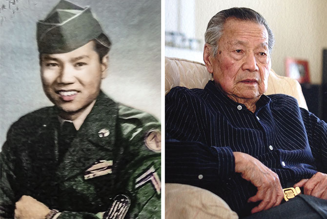 Enlargeable photo of a young man in a military uniform and a photo of him as an elderly man
