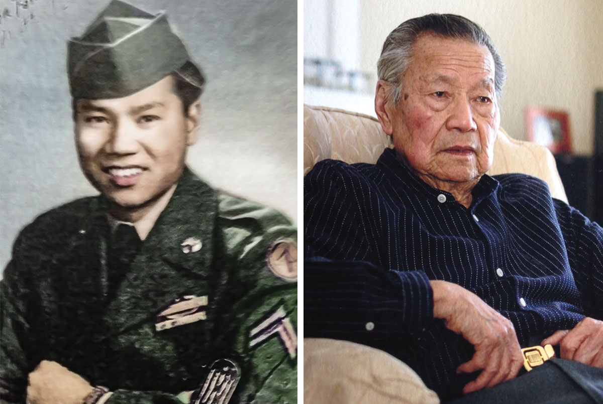 Photo of a young man in a military uniform and a photo of him as an elderly man