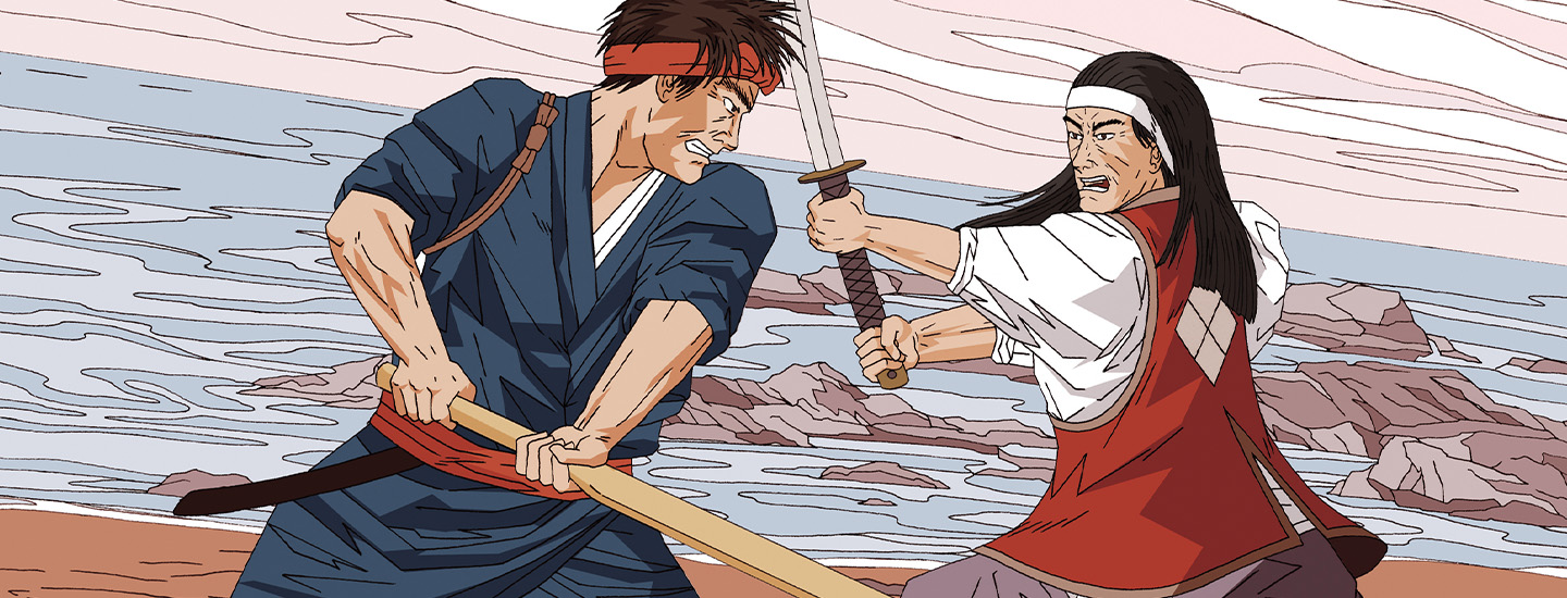 Illustration of two samurais fighting on a beach