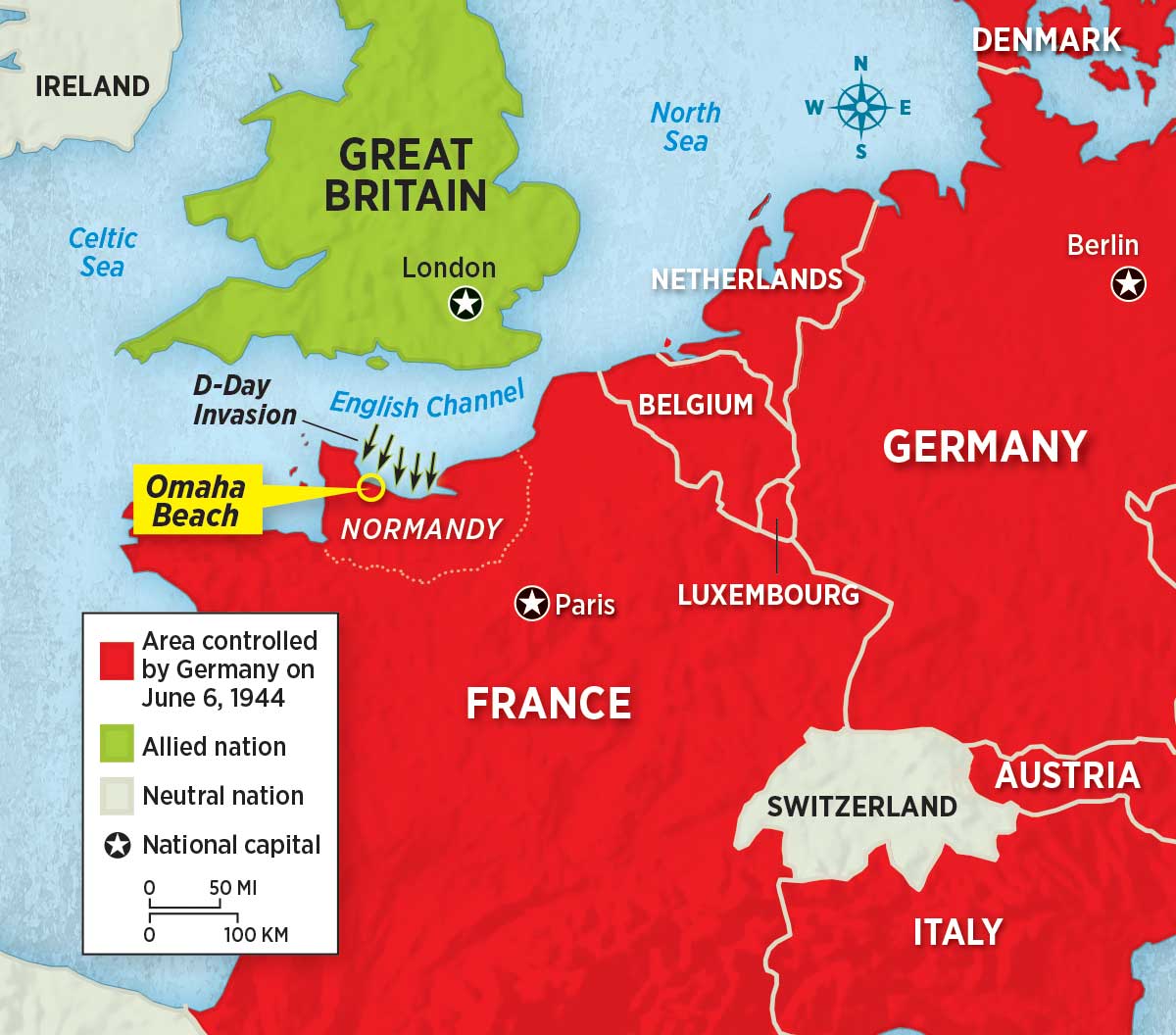 Map of Europe and Great Britain showing area controlled by Germany on June 6, 1944 & allied nations