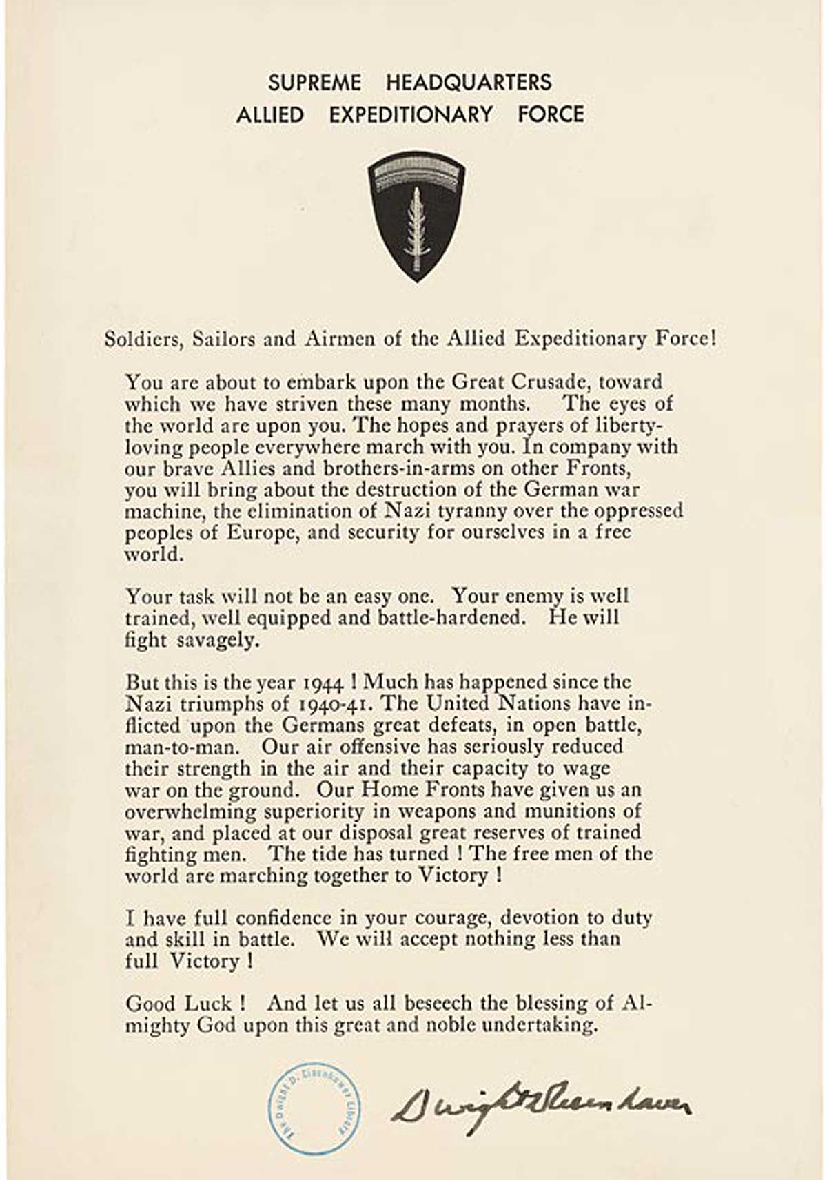 Image showing an Order of the Day written by General Eisenhower to the troops before battle