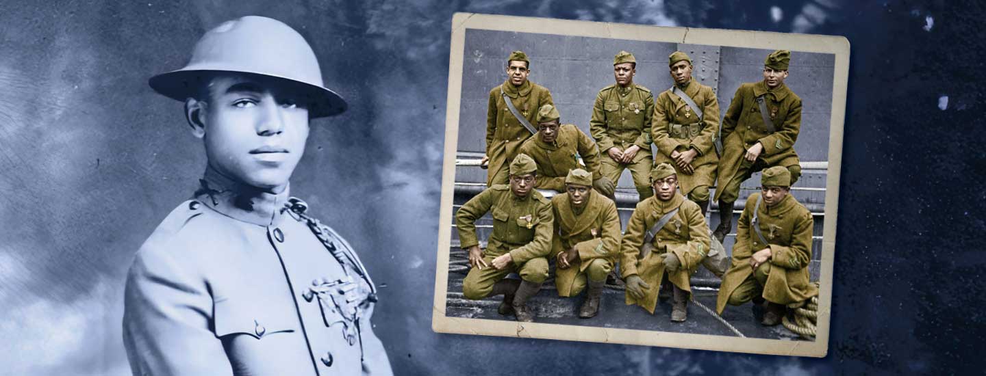 Black & white image of a soldier along with group photo of his unit members