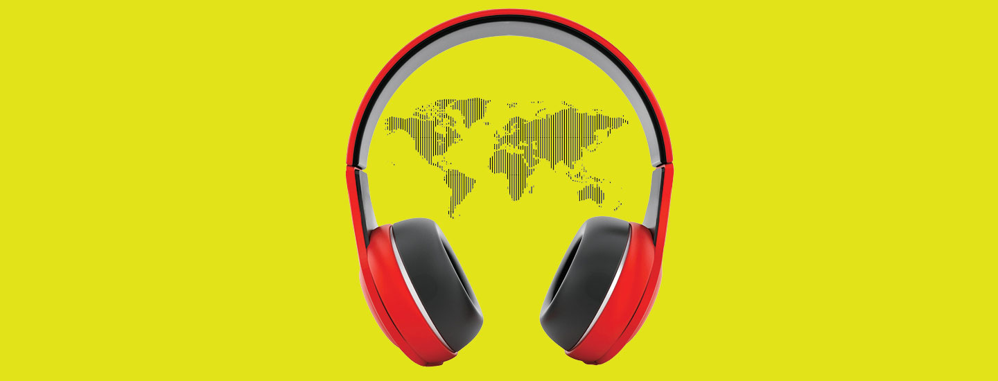 Image of a pair of headphones with map of the world in between