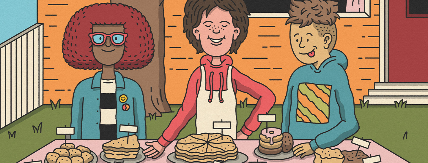 Illustration of three people throwing a charity bake sale