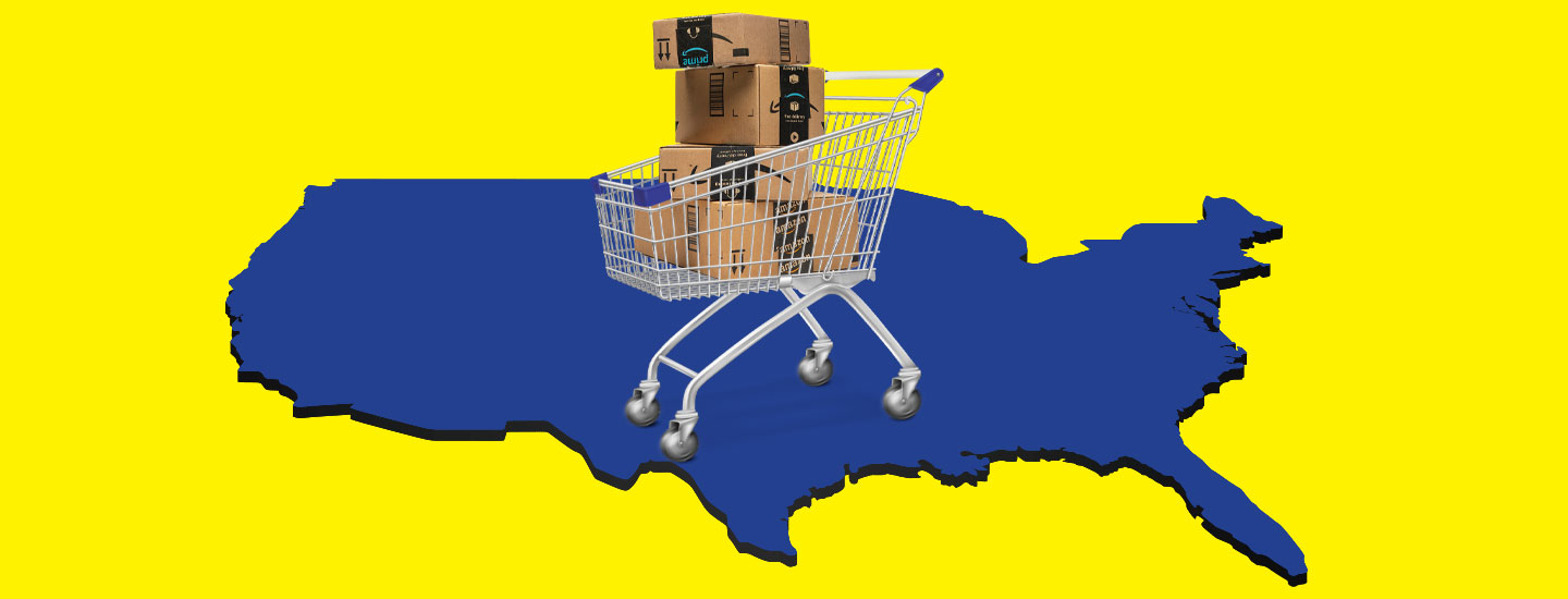 Image of a shopping cart filled with Amazon boxes sitting on map of America