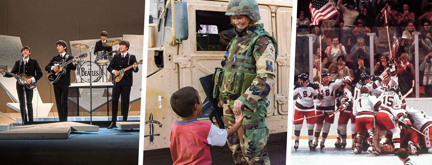 Collage of three American cultural moments: a band performs, a soldier greets a child, and a hockey team celebrates