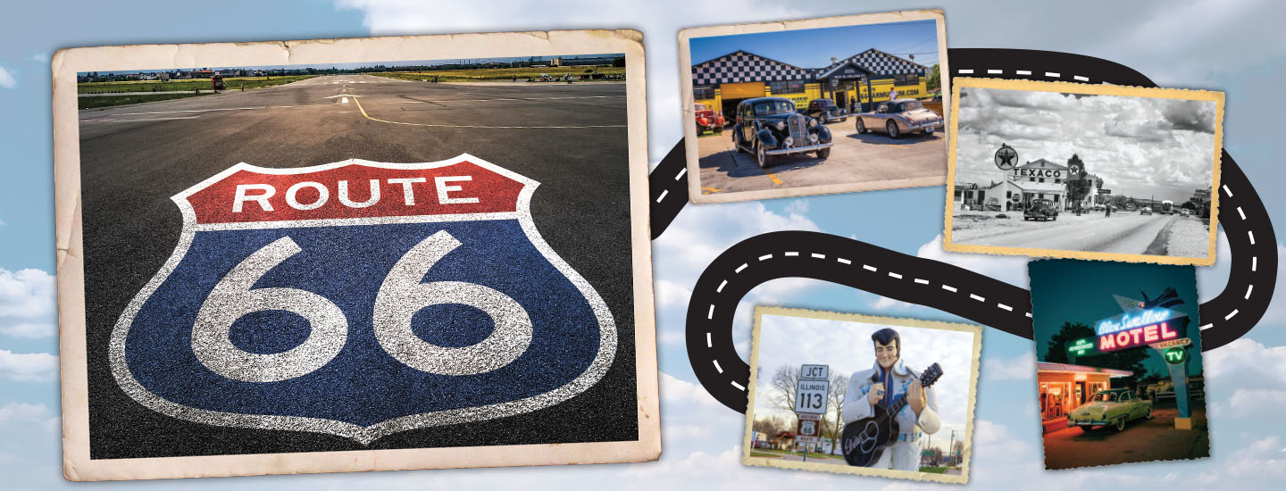 Collage that explores landmarks, roadside attractions, and Americana along Route 66