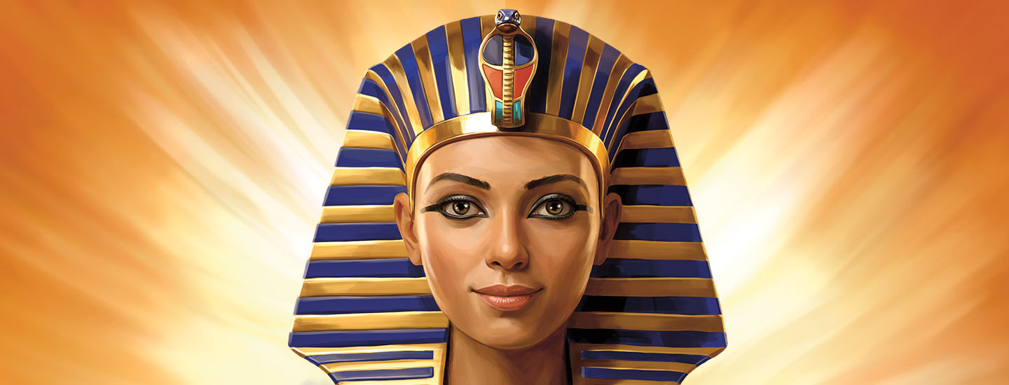 An illustrated Egyptian pharaoh wears a gold and blue nemes headdress with a cobra symbol