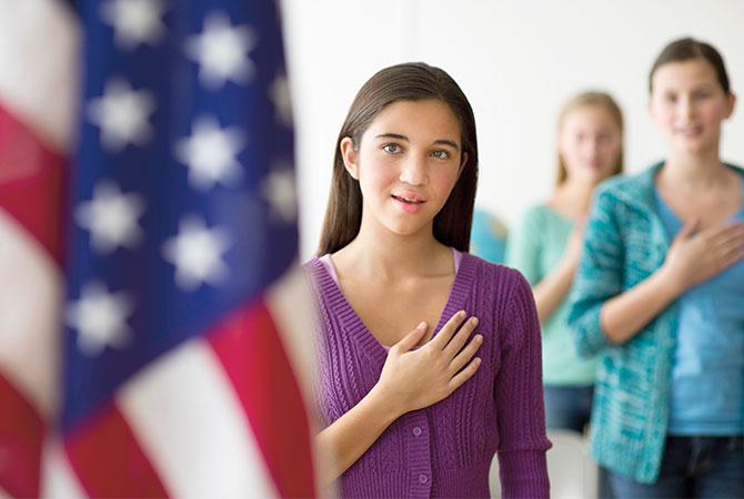 Students saying the pledge of allegiance 
