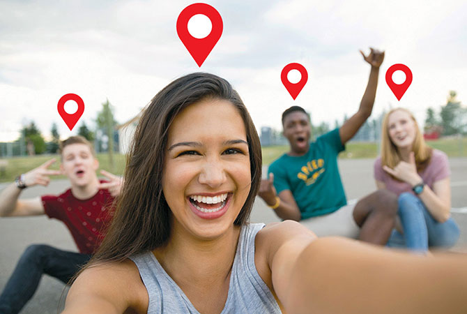 Teens with location tags above their heads