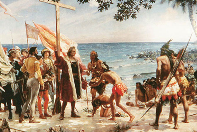Columbus being greeted by Native Americans